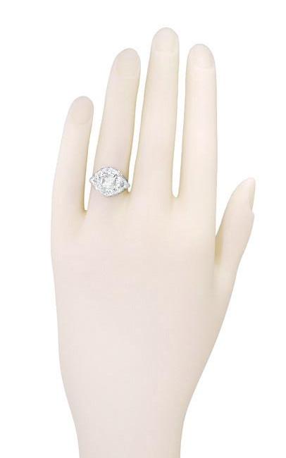 Princess Cut White Topaz Art Nouveau Ring in 14 Karat White Gold - Vintage 1910 Floral Design - Item: R615WWT - Image: 5