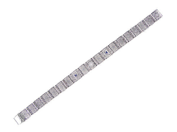 Art Deco Filigree Diamond and Sapphire Bracelet in Sterling Silver - Item: SSBR11 - Image: 2