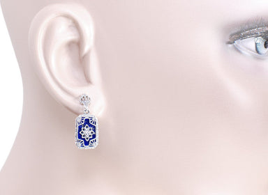 Art Deco Filigree Lapis Lazuli and Diamond Earrings in Sterling Silver, 1920s Vintage Engraved Design - alternate view