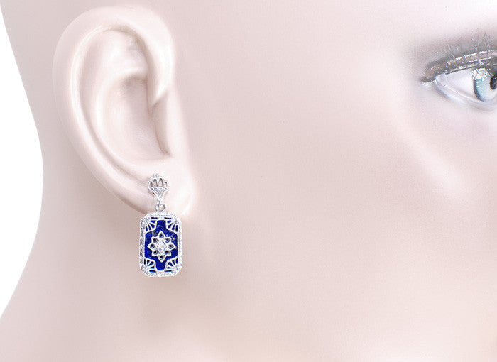 Art Deco Filigree Lapis Lazuli and Diamond Earrings in Sterling Silver, 1920s Vintage Engraved Design - Item: SSE1L - Image: 2
