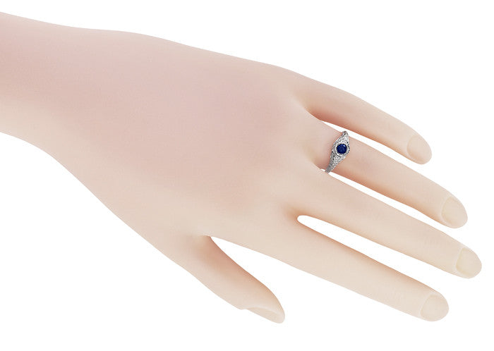 Art Deco Sterling Silver Filigree Sappphire Promise Ring | Low Profile - Item: SSR1207S - Image: 3
