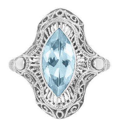 Art Deco Marquise Blue Topaz Filigree Cocktail Ring in Sterling Silver
