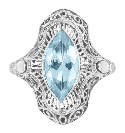 Art Deco Marquise Blue Topaz Filigree Cocktail Ring in Sterling Silver