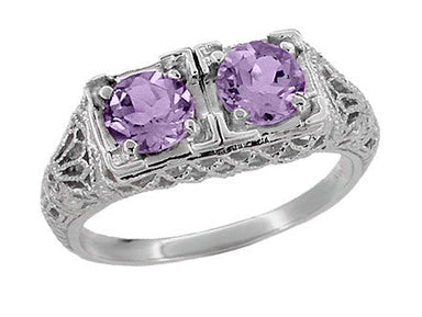 Vintage Filigree Two Stone Light Amethyst Ring in Sterling Silver - Round Lavender Amethyst Natural Stones - SSR13A