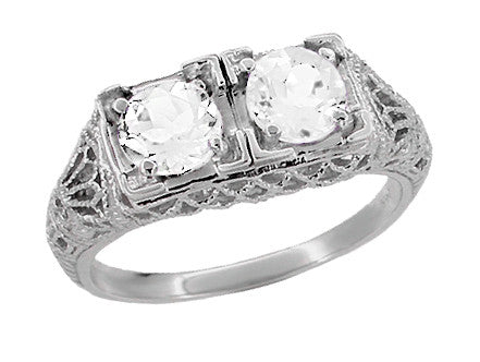 Sterling Silver Filigree Art Deco Antique White Topaz Two Stone Ring - SSR13WT