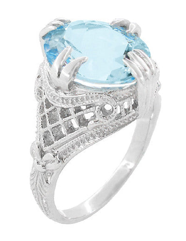 Art Deco Filigree Claw Prong Oval Blue Topaz Statement Ring in Sterling Silver - 4.75 Carats