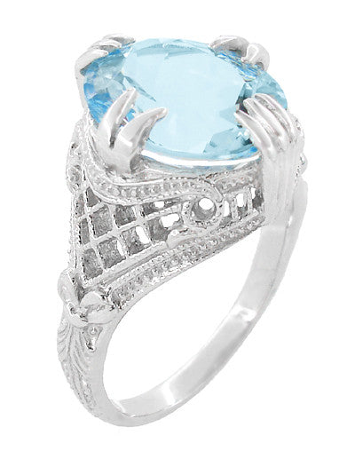 Art Deco Filigree Claw Prong Oval Blue Topaz Statement Ring in Sterling Silver - 4.75 Carats