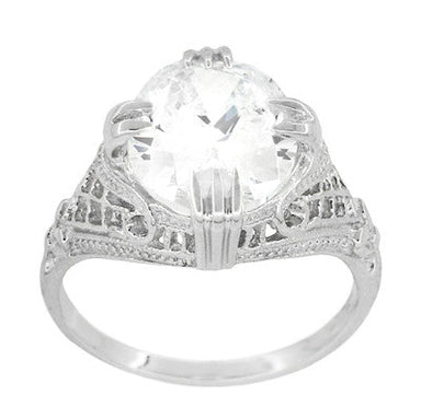 Art Deco Filigree Engraved Oval Cubic Zirconia ( CZ ) Statement Ring in Sterling Silver - 7 Carats - alternate view