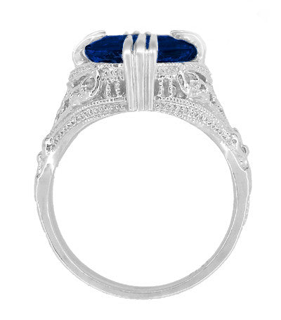 Art Deco Engraved Filigree 5.75 Carat Oval Lab Grown Blue Sapphire Statement Ring in Sterling Silver - Item: SSR157S - Image: 4