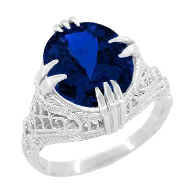 Art Deco Engraved Filigree 5.75 Carat Oval Lab Grown Blue Sapphire Statement Ring in Sterling Silver