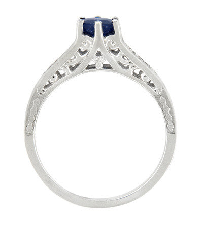 Art Deco Blue Sapphire Filigree Promise Ring in Sterling Silver with White Sapphire Side Stones - Item: SSR158-7 - Image: 3
