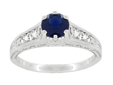 Art Deco Blue Sapphire Filigree Promise Ring in Sterling Silver with White Sapphire Side Stones - Item: SSR158-7 - Image: 4