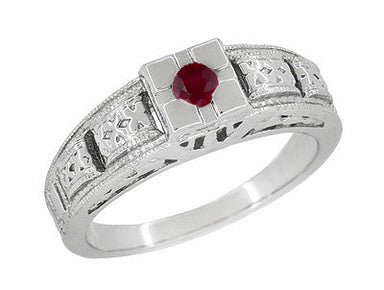 1920's Art Deco Engraved Ruby Band Ring in Sterling Silver
