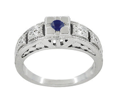 Engraved Art Deco Blue Sapphire Band Ring in Sterling Silver