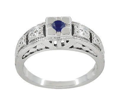 Engraved Art Deco Blue Sapphire Band Ring in Sterling Silver