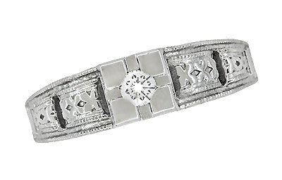 Art Deco Engraved White Sapphire Band Ring in Sterling Silver - Item: SSR160WS - Image: 4