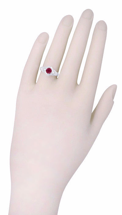 Art Deco Engraved Filigree 1.20 Carat Ruby Promise Ring in Sterling Silver - Item: SSR161R - Image: 6