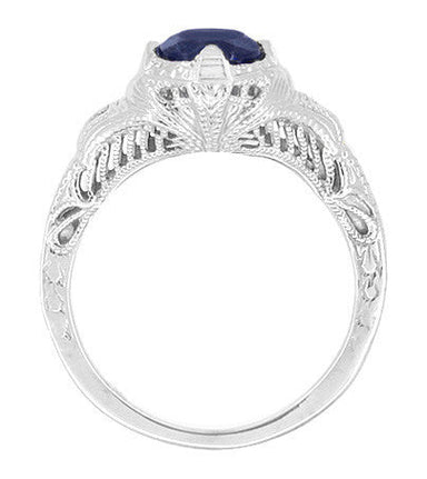 Art Deco Blue Sapphire Promise Ring with Engraved Filigree in Sterling Silver - alternate view