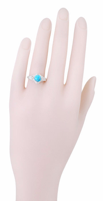 Art Deco Arizona Turquoise Engraved Filigree Ring in Sterling Silver - Item: SSR161TQ - Image: 5