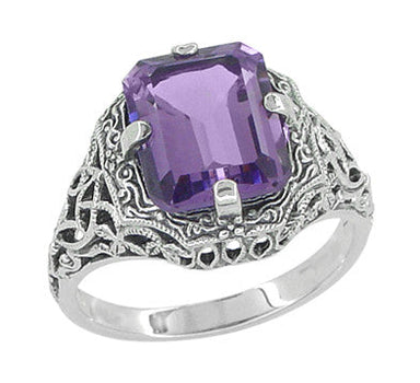 Art Deco Flowers and Leaves Emerald Cut Lilac Amethyst Filigree Ring in Sterling Silver