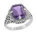 Art Deco Flowers and Leaves Emerald Cut Lilac Amethyst Filigree Ring in Sterling Silver