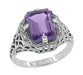 Art Deco Flowers and Leaves Emerald Cut Lilac Amethyst Filigree Ring in Sterling Silver