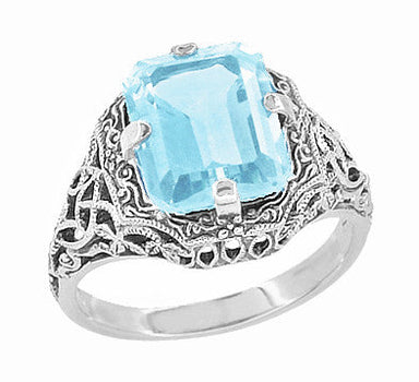 Art Deco Rectangular Blue Topaz Filigree Ring in Sterling Silver
