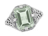 Art Deco Flowers and Leaves Emerald Cut Prasiolite ( Green Amethyst ) Filigree Ring in Sterling Silver