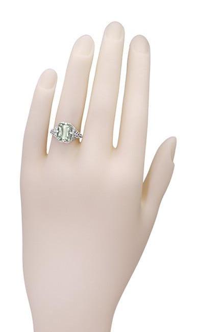 Art Deco Flowers and Leaves Emerald Cut Prasiolite ( Green Amethyst ) Filigree Ring in Sterling Silver - Item: SSR16GA - Image: 4