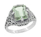 Art Deco Flowers and Leaves Emerald Cut Prasiolite ( Green Amethyst ) Filigree Ring in Sterling Silver