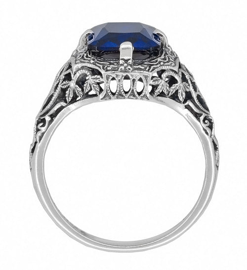 Art Deco Flowers and Leaves Lab Grown Blue Sapphire Filigree Ring in Sterling Silver - 3.75 Carats - Item: SSR16S - Image: 3