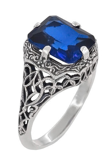 Art Deco Flowers and Leaves Lab Grown Blue Sapphire Filigree Ring in Sterling Silver - 3.75 Carats - alternate view