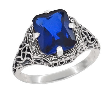 Art Deco Flowers and Leaves Lab Grown Blue Sapphire Filigree Ring in Sterling Silver - 3.75 Carats