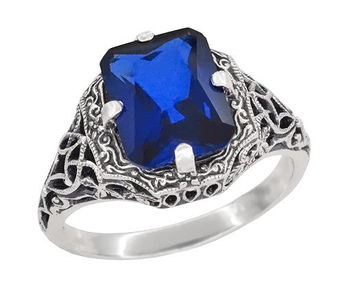 Art Deco Flowers and Leaves Lab Grown Blue Sapphire Filigree Ring in Sterling Silver - 3.75 Carats
