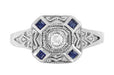 Art Deco Square Sapphires and Diamond Engraved Ring in Sterling Silver