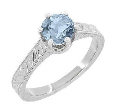 Art Deco Sterling Silver Antique Sky Blue Topaz Crown Promise Ring - Filigree Scroll Engraved - alternate view