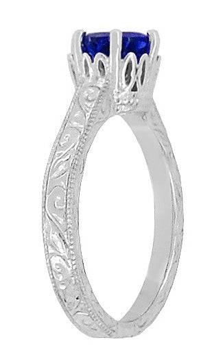 Crown Filigree Scrolls Art Deco Lab Grown Blue Sapphire Promise Ring in Sterling Silver - Item: SSR199S - Image: 3