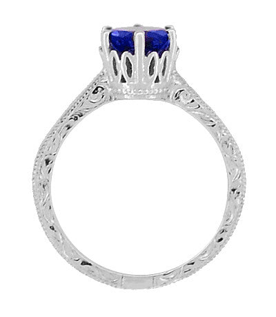 Crown Filigree Scrolls Art Deco Lab Grown Blue Sapphire Promise Ring in Sterling Silver - Item: SSR199S - Image: 4