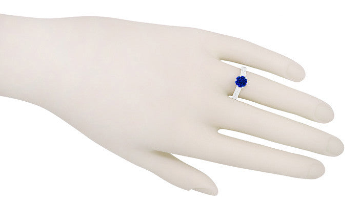Crown Filigree Scrolls Art Deco Lab Grown Blue Sapphire Promise Ring in Sterling Silver - Item: SSR199S - Image: 6