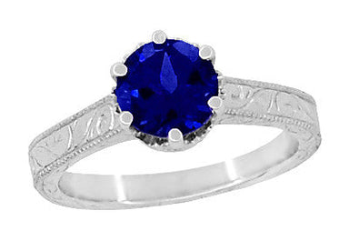 Crown Filigree Scrolls Art Deco Lab Grown Blue Sapphire Promise Ring in Sterling Silver