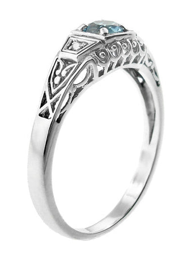 Art Deco Vintage Style Filigree Sky Blue Topaz Promise Ring with Side Diamonds in Sterling Silver - alternate view