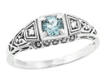 Art Deco Vintage Style Filigree Sky Blue Topaz Promise Ring with Side Diamonds in Sterling Silver