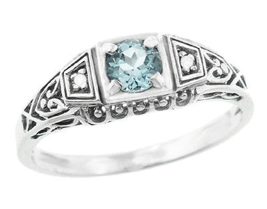 Art Deco Vintage Style Filigree Sky Blue Topaz Promise Ring with Side Diamonds in Sterling Silver