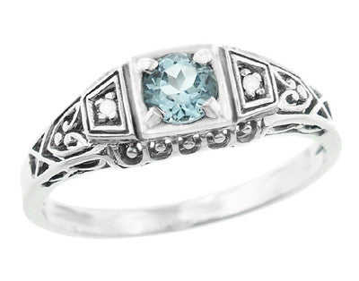 Art Deco Vintage Style Filigree Sky Blue Topaz Promise Ring with Side Diamonds in Sterling Silver