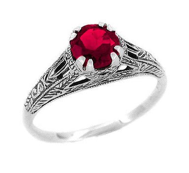 Art Deco Filigree Engraved Ruby Promise Ring in Sterling Silver