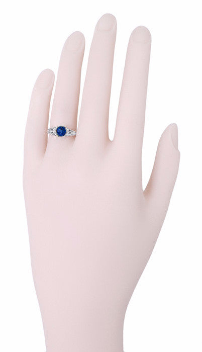 Art Deco Filigree Engraved Blue Sapphire Promise Ring in Sterling Silver - Item: SSR2S - Image: 3