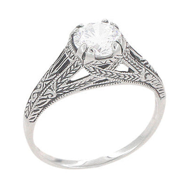 Art Deco White Topaz Filigree Engraved Promise Ring in Sterling Silver