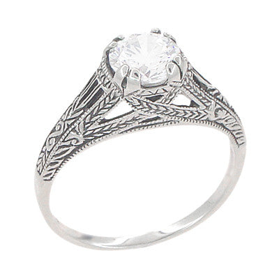 Art Deco White Topaz Filigree Engraved Promise Ring in Sterling Silver