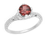 Sterling Silver Art Deco Filigree Red Garnet Promise Ring - Engraved with Flowers & Wheat