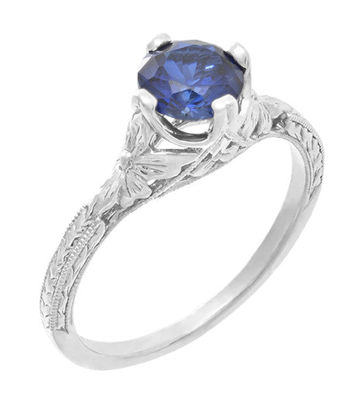 Art Deco Floral Filigree Lab Grown Blue Sapphire Solitaire Promise Ring in Sterling Silver - Item: SSR356S - Image: 3